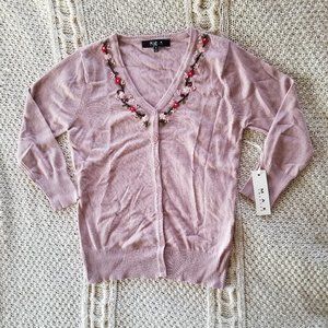 Mauve 3/4 sleeve embroidered knit cardigan